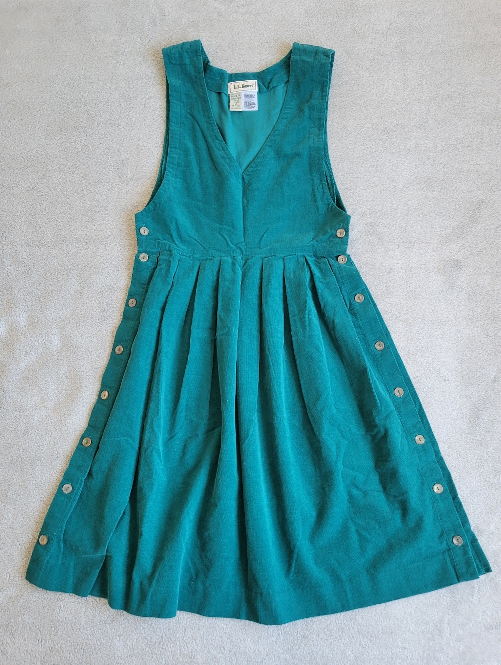 L.L. Bean Teal Green Corduroy Pleated Pinafore Dress